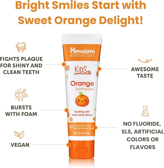Himalaya Botanique Kids Toothpaste, Herbal, Orange Flavor, Fights Plaque, Fluoride-Free, Gentle, No Artificial Flavors or Colors, SLS Free, Gluten Free, Cruelty Free, Vegan, Foaming, 4 Oz, 1 Pack