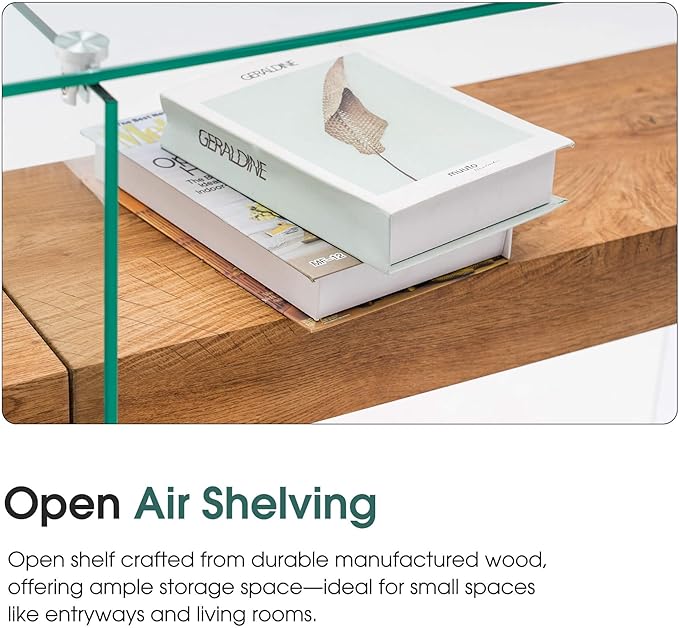 ivinta Glass Console Table with Storage, 31.5'' Modern Narrow Entryway Table for Small Space with Natural Wood Shelves for Living Room, Hallway, Foyer, Bedroom 5103 (Natural)