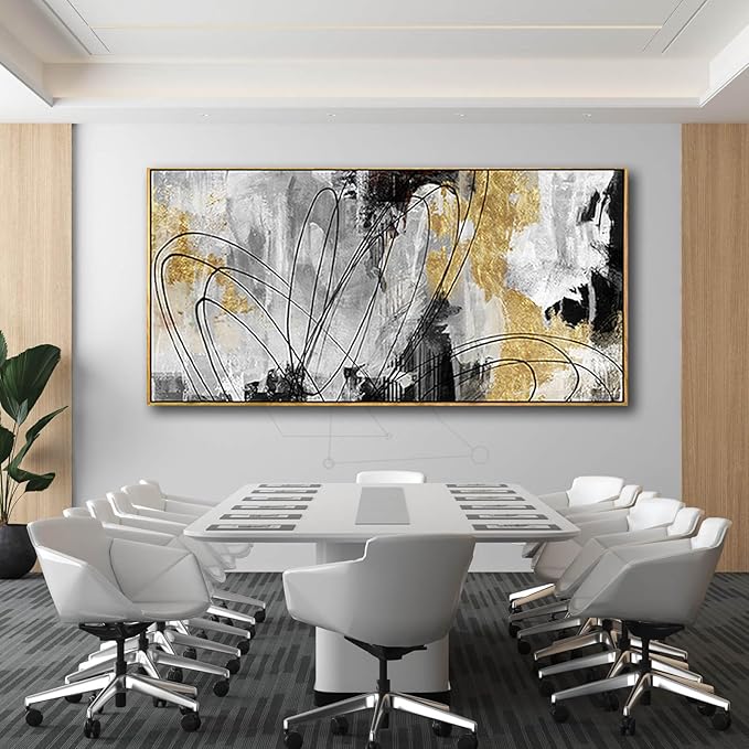 Large Canvas Wall Art Gold Abstract Paintings 29x58 Inch Wooden Framed Artwork Black Line Painting for Bedroom Bathroom Home Decor