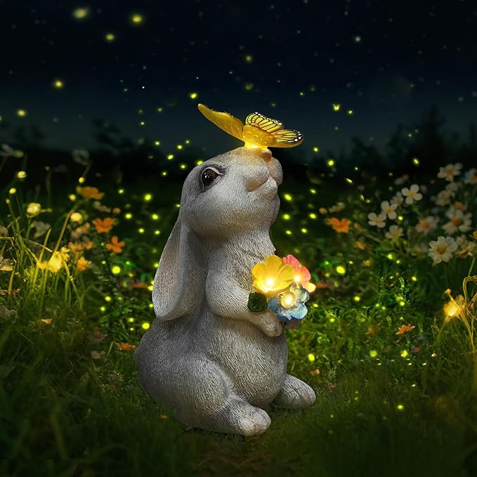 Solar Bunny Statues Light with Butterfly LED - Auto On/Off Weathproof Resin Garden Figurine Decor Gift for Pathway, Patio & Mom's Flower Bed (Warm Light)