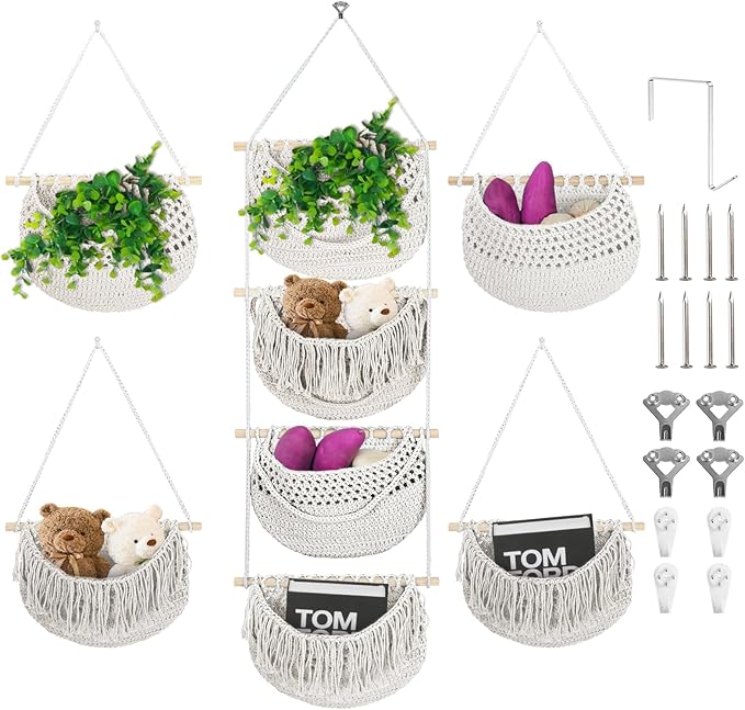 4 Tier Hanging Fruit Basket for Kitchen, 4 Pack Detachable Cotton Crocheted Wall Hanging Baskets Shelf Over Door Organizer for Fruit Veggie Plant, Hanging Storage Basket for Bathroom Bedroom(Beige)