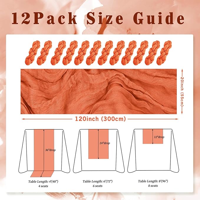 Orange Cheesecloth Table Runner 12 Pack 10FT Boho Fabric Rustic Cheese Cloth Table Runner for Wedding 20 x 120 Inch Long Bridal Shower Baby Shower Gauze Sheer Birthday Party Table Decorations