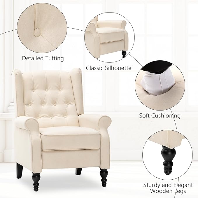 Mid Century Wingback Recliner Chair for Adults, Modern Linen Fabric Push Back Recliner Chairs with Button Tufted Upholstered Back & Footrest, Manual Recliner Chais for Living Room, Nursery, Beige
