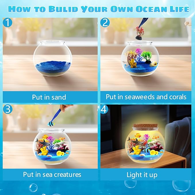 Ocean Light Up Terrarium Kit for Kids - Sea Animal Toys LED Night Light Birthday Gift for Boys & Girls Ages 4 5 6 7 8-12, Kids Arts & Crafts Kit