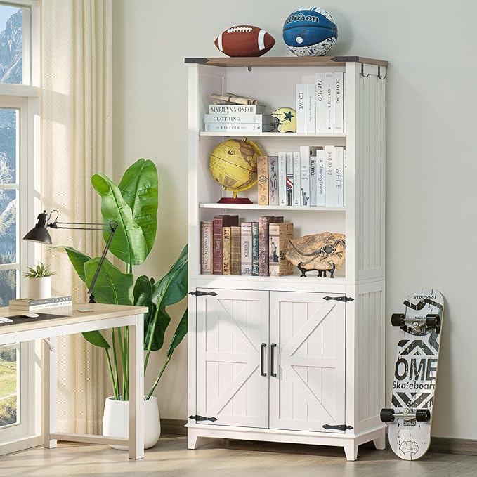 70in Tall Bookshelf 5 Tier Bookcase with Barn Doors and Storage Cabinet, White Farmhouse Book Shelf with Adjustable Shelves, Wood Freestanding Display Bookshelves for Bedroom, Kitchen (3PCS)