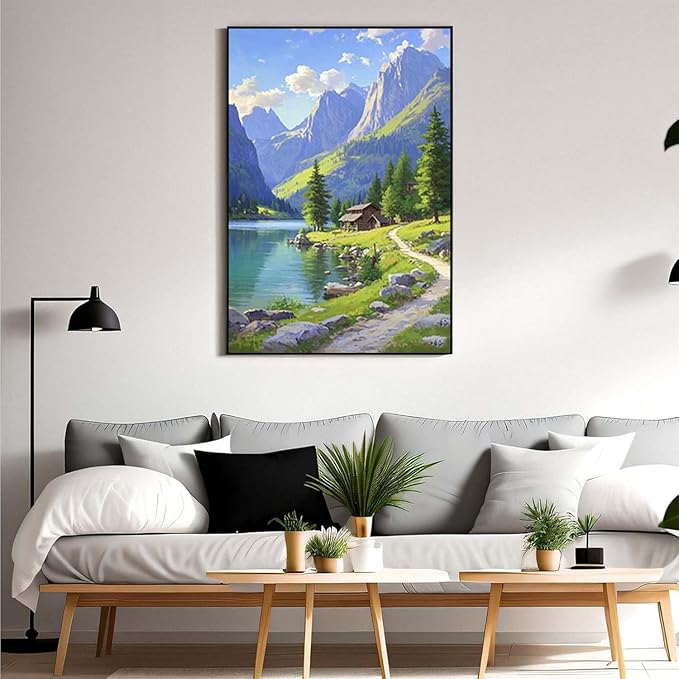 Landscape wall painting of mountain forest lakeside cabin under blue sky and white clouds natural oil painting poster suitable for living room bedroom office