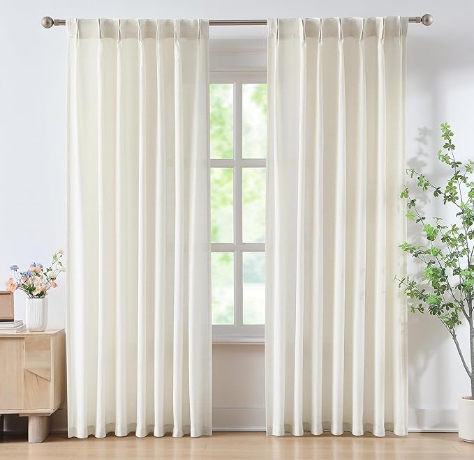 FMFUNCTEX Pinch Pleated Curtains 84 Inches Long for Living Room, Ivory Semi Sheer Faux Linen Textured Pleat Drapes for Bedroom with Hooks, Light Filtering Farmhouse Window Drapes 2 Panels