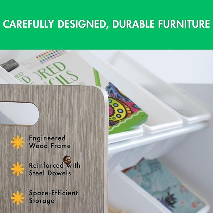 Humble Crew 9-Bin Toy Organizer – Hampton Sandwashed with White Plastic Bins, 3-Tier Storage Solution for Kids' Playrooms and Nurseries