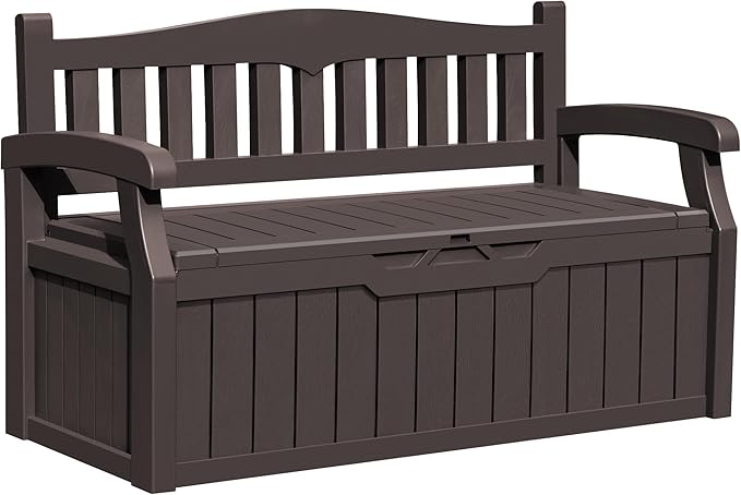 Greesum 80 Gallon Outdoor Storage Bench, Resin Patio Furniture with Armrest,Waterproof and UV-Resistant, Perfect to Garden, Poolside and Lawn, Dark Brown