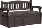 Greesum 80 Gallon Outdoor Storage Bench, Resin Patio Furniture with Armrest,Waterproof and UV-Resistant, Perfect to Garden, Poolside and Lawn, Dark Brown