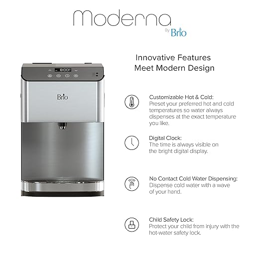 Brio 700 Series Moderna 3-Stage Filter Reduces PFAS & MicroplasticsTouch-Less Countertop Bottle-Less POU Tri-Temperature Digital Water Cooler Dispenser