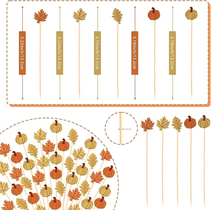 Fall Cocktail Picks Pumpkin Maple Leaf Assorted Autumn Theme Toothpicks Fruit Drinks Dessert Sticks Food Sandwich Appetizer Charcuterie Skewers, for Thanksgiving Decorations Party Supplies (200)