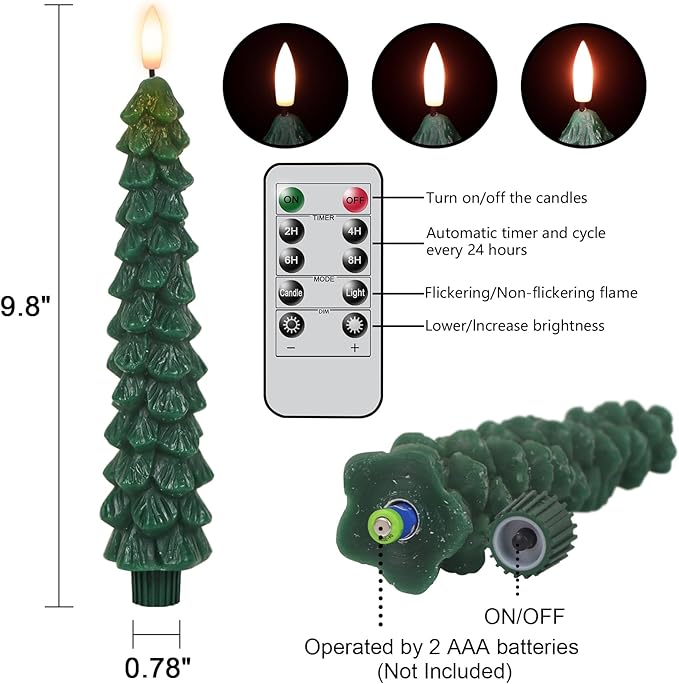 GenSwin Christmas Tree Flameless Taper Candles with Remote Timer, Christmas LED Taper Candles with 3D Flame, 4 Pcs Green LED Candlesticks for Christmas Home Decoration(0.78” x 9.8”)