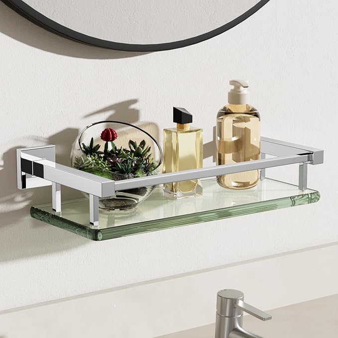 Alise Glass Shelves for Bathroom Wall, Tempered Glass Bathroom Shelf Wall Mounted, Modern Space Saving Floating Shelves 12 inch, Polished Chrome