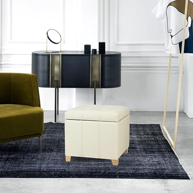 Adeco Faux Leather Storage Ottoman with Hinged Lid, 17.5 Inch High Cream White Square Cube Foot Stool with Storage, Upholstered Vanity Stool with Solid Wood Legs for Living Room, Bedroom, Dorm