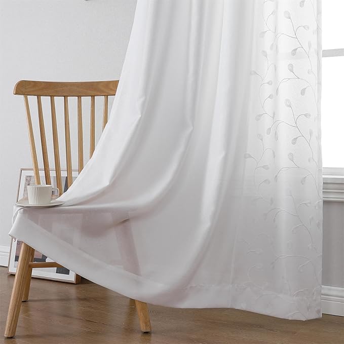 MIUCO Light Filtering Faux Linen Curtains, 84 Inches Long for Bedroom & Living Room, Pure White Floral Embroidered Solid Mix and Match, Semi Sheer Grommet Farmhouse Drapes, 2 Panels Set