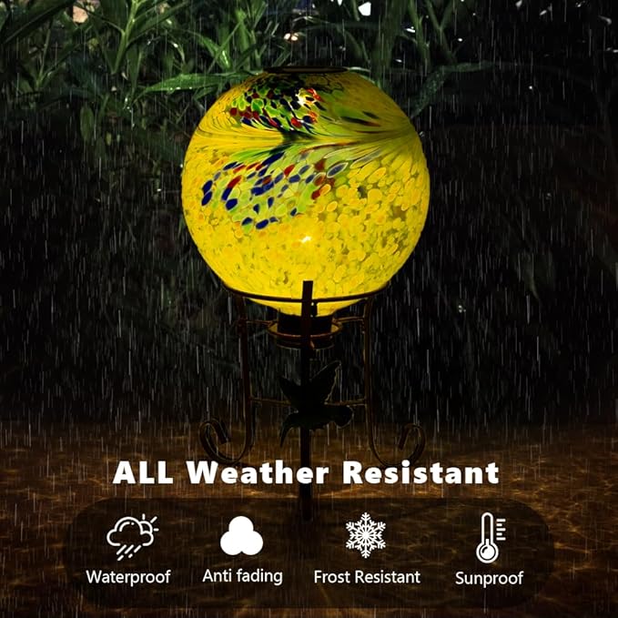 10" Diameter Solar Gazing Ball and 8.5" Metal Stand Indoor Outdoor Glass Globe Sphere Yard Art Ornament Solar Gazing Balls for Garden,Lawn,Porch,Patio Gardening Gift for Women(Yellow)