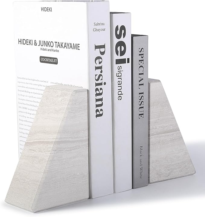 Marble Book Ends for Heavy Books, Decorative Bookends for Shelves, Durable and Heavy-Duty Bookends for Hardback Book & CDS, Off-White Unique Books Stopper & Holder, Set of 2