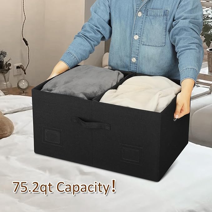 75 Quarts Extra Large Decorative Storage Bins with Lids, 1 Pack Black Collapsible Storage Bins with Lids, Stackable Storage Bins Decorative Box Storage With Lid Extra Large