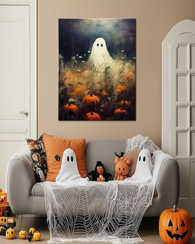 Halloween Canvas Wall Art, Spooky Ghost in Pumpkin Patch Poster, Vintage Gothic Fall Decor, Dark Academia Fall Decor for Living Room, Framed Indoor Halloween Decorations