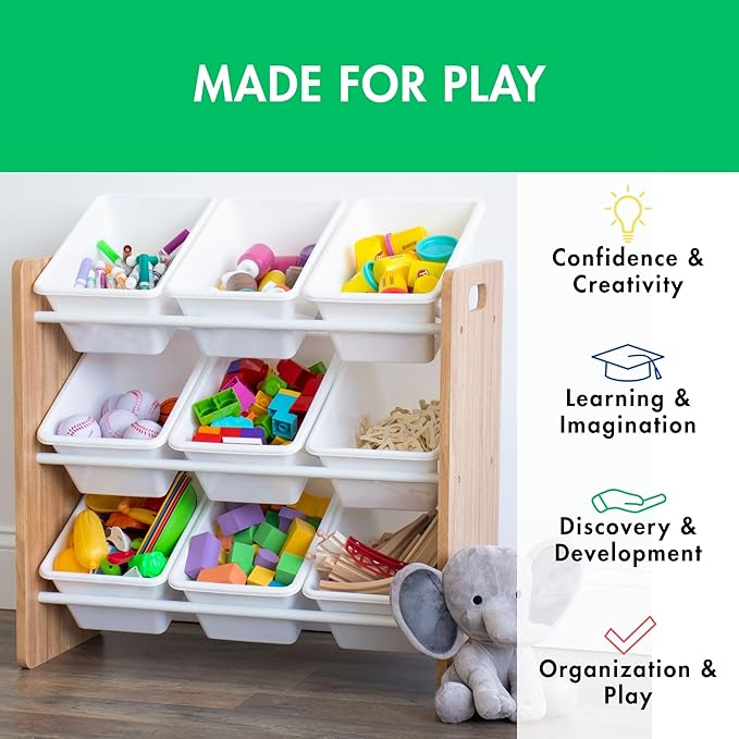 Humble Crew 9-Bin Toy Organizer – Journey Natural Wood with White Plastic Bins, 3-Tier Storage Solution for Kids' Playrooms and Nurseries