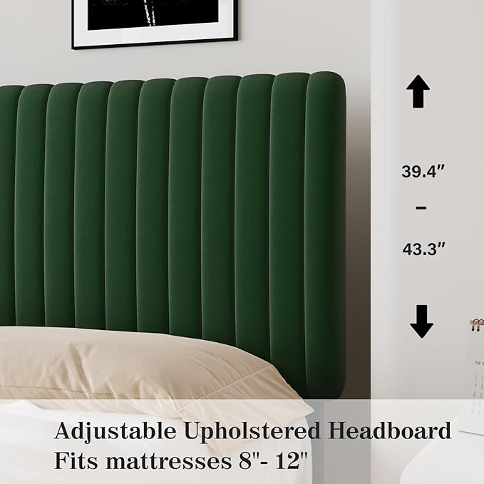 Twin Bed Frame, Velvet Upholstered Platform Bed with Vertical Channel Tufted Headboard and Footboard, No Box Spring Required, Easy Assembly, Green