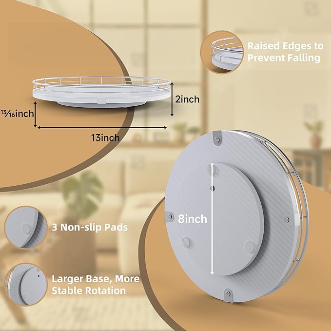 13" Lazy Susan Turntable Organizer for Table Top, Round Wooden Lazy Susan for Cabinet Kitchen Decor Centerpieces Coffee Table, Storage Condiments Spices, Bathroom Vanity Tray for Soap, White