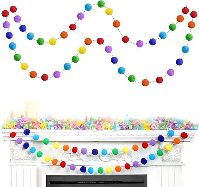 TBD Decor 2pk Rainbow Color Pom Pom Garland 13FT Colorful Large Felt Ball Garland for Mantle,Indoor Holiday Wedding Birthday Party Supplies