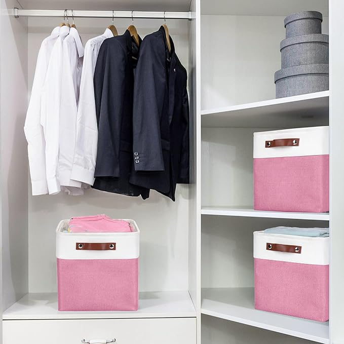 Collapsible Fabric Storage Cubes 11x11 Cube Storage Bins, 4 Pack Closet Baskets Box with Handles for Organizing, Shelf, Toys, Clothes, Home, Office, Nursery (Pink&White)