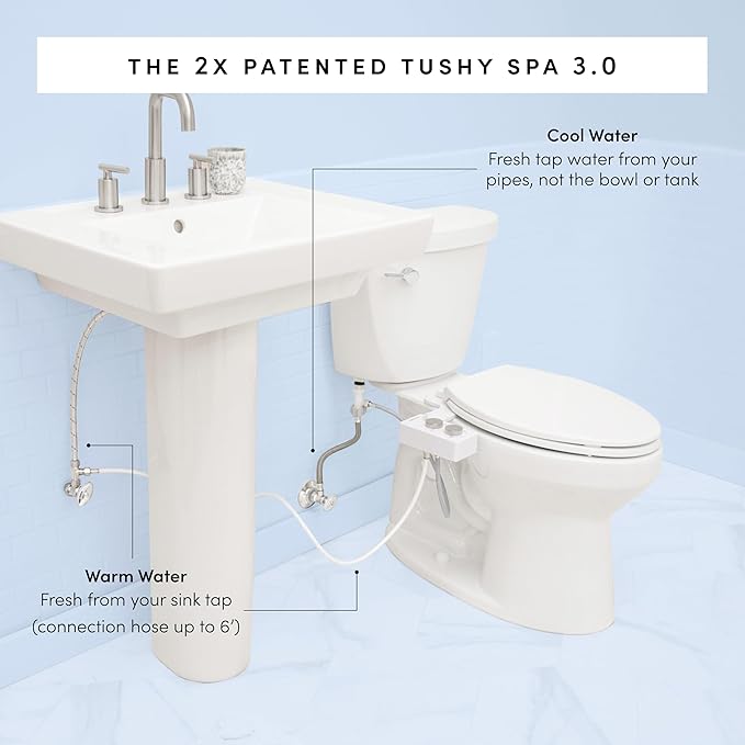 TUSHY Spa Warm Water Bidet Attachment for Toilet. Universal Fit, Easy Install (Requires Sink Access for Optional Temperature Control) Self Cleaning, Adjustable Pressure, Angle Control, Platinum Knob