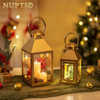 NUPTIO Gold Lanterns Decorative Indoor: 8.6 Inch Tall Metal Lantern with Glass for Pillar Candle - Fireplace Decor for Christmas Home Living Room Mantle Porch Wedding