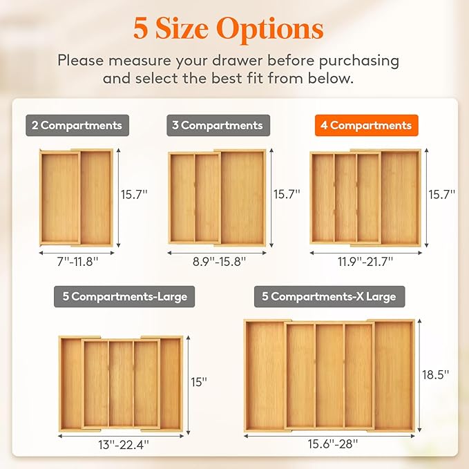 Lifewit Utensil Drawer Organizer, Expendable Cooking Silverware Tray for Kitchen Drawer, Bamboo Adjustable Cutlery Flatware Holder, Spatula Tools and Gadgets Storage Divider, 4 Compartments, Natural