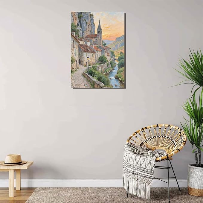 Small town scenery poster on the bank of the mountain stream is suitable for living room bedroom and office natural oil painting poster