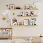 Fun Memories Picture Ledge Shelf, 48 Inch Floating Shelves Set of 2, Large Nursery Book Shelves for Toys Storage, Kids Bookshelf Wall Mounted for Wall Decor Books Photo Frames, Oak