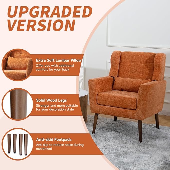 Accent Chair Set of 2, Upholstered Armchair with Pillow, Fabric Single Sofa Chair with Lounge Seat and Wood Legs Accent Chair for Living Room Small Spaces (Orange, Set of 2)