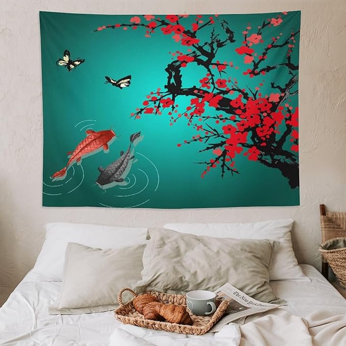 Houselerax Japanese Koi Fish Tapestry, Cherry Blossoms Asian Oriental Green Teal Floral Branch Koi Fish Carp Tapestries Wall Hanging for Bedroom Living Room Office Decor 80"x60"