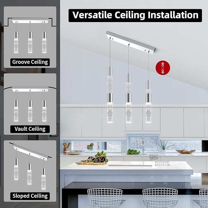 OKELI 3-Light Dimmable LED Pendant Lighting for Kitchen Island, 18W 1350LM Modern Crystal Bubble Island Light Fixture, 6000K Cool White, Adjustable Electro-Chrome Fixture, Easy Install, Square