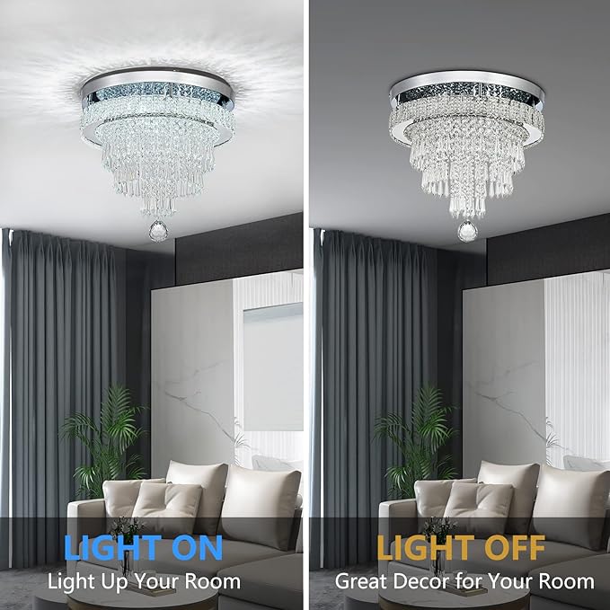 16“ Crystal Chandeliers Light Flush Mount Ceiling Light Fixtures Round Modern LED Chandelier for Living Room Bedroom Dining Room Closet Hallway (Cool White)