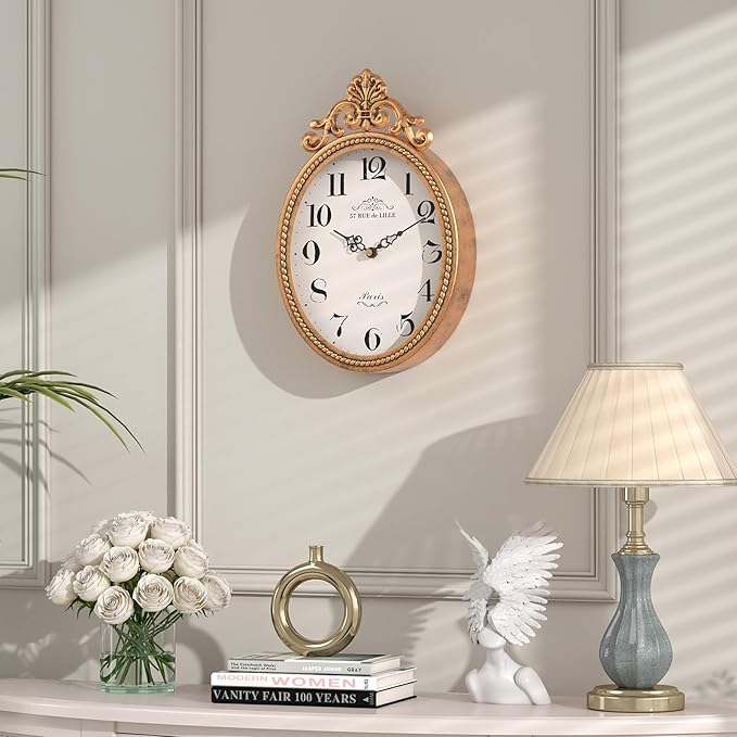 Abdurey Small French Retro Decorative Wall Clock, Antique Gold Vintage Oval Style,Silent Battery Operated Boho Decor Wall Clocks for Farmhouse,Kitchen,Bedroom,Bathroom(10.4" H x 6.7" W)