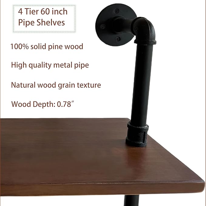 Industrial Pipe Wall Shelves Pipe Shelving with Real Wood Plank,60 Inches Floating Shelves for Wall Farmhouse Pipe Book Shelves Dark Brown 4 Tier for Kitchen,Living Room Decor and Bar Shelving