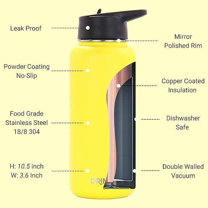 DRINCO Stainless Steel Water Bottle Spout Lid Vacuum Insulated Double Wall Water Bottle Wide Mouth (40oz 32oz 22oz 18oz 14oz) Leak Proof Keeps Cold or Hot (32 oz, 32oz Illuminating Yellow)