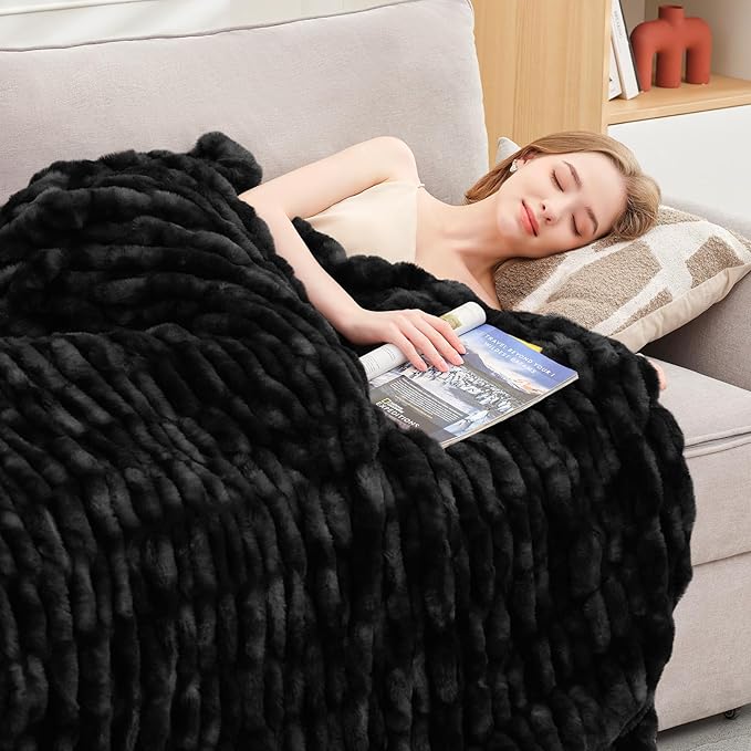 Ultra Soft Luxury Faux Fur Twin Blanket for Counch,Fuzzy Fluffy Plush Warm Cozy Elegant Wrinkled Blanket for Sofa Bedroom Living Room,（60"x80",Tie-dye Black）