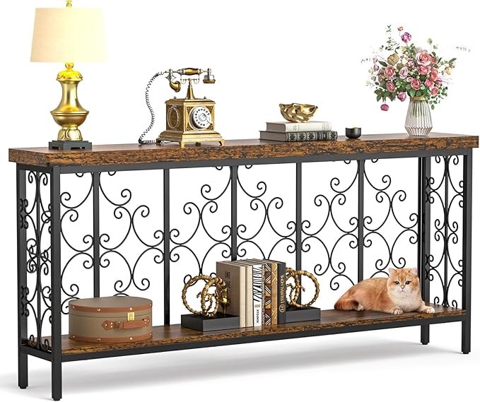 ikkle 70.9" Extra Long Console Table, Industrial Narrow Sofa Table Behind Couch with 2 Tier Storage Shelf, Entryway Hallway Accent Table for Living Room, Foyer, Rustic Brown