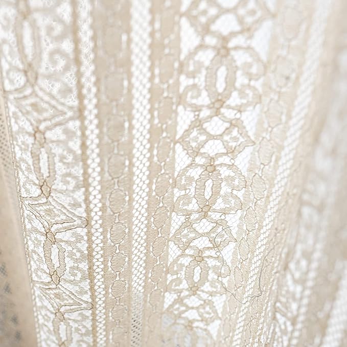 Sutuo Home Boho Sheer Curtain Valance Crochet Lace with Bohemian Hollow Knitted Handmade Tassels, Short Rustic Window Treatment for Kitchen Cafe, Rod Pocket, 1 Panel 59" W x 18" L, Beige
