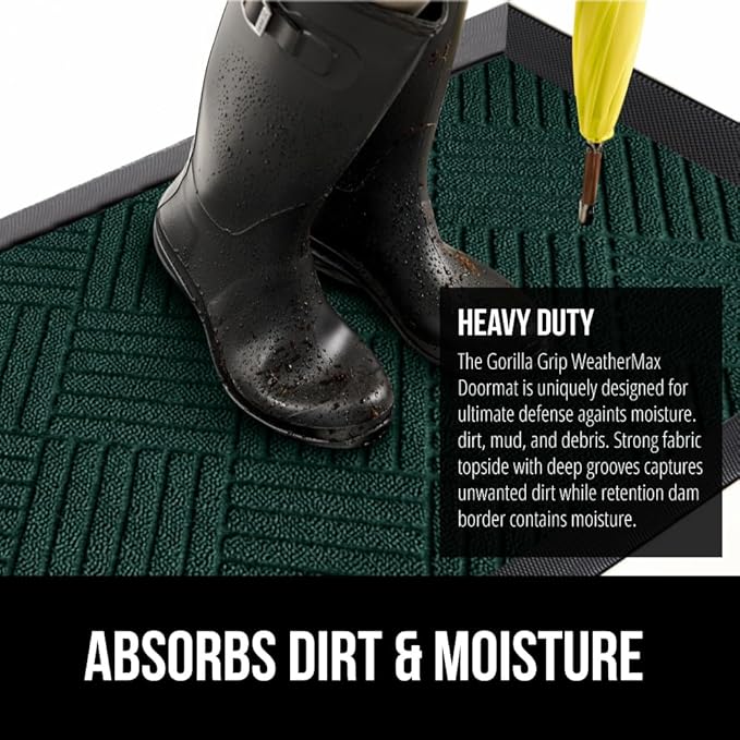 GORILLA GRIP 100% Waterproof All-Season WeatherMax Doormat US Designed Natural Rubber, Stain and Fade Resistant, Low Profile Indoor Outdoor Door Mats, Easy Clean Patio Mat, 23x35, Green Diamond