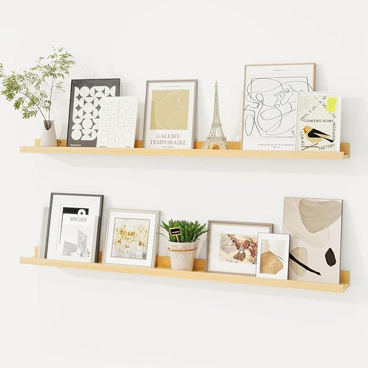 Picture Ledge Shelf, Solid Pine Wood Floating Shelves Set of 2, 40 Inches Nursery Book Shelves for Toys Storage, Kids Bookshelf Wall Mounted for Living Room Bedroom Decor Books Photo Frames, Natural