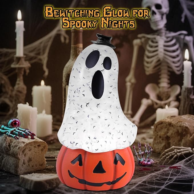 Halloween Snow Globe Lantern Spooky Glost and Pumpkin Halloween Snow Globes Musical Water Glitter Globe with 6H Timer Battery Operated or USB Powered for Spooky Home Decorations (Ghost and Pumpkin)