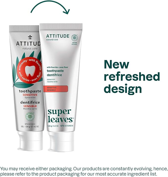 ATTITUDE Sensitive Toothpaste with Fluoride, Spearmint Flavor, Vegan & Cruelty-Free, Sugar-Free, Plant & Mineral-Based Ingredients, Clean Oral Care, 4.2 Oz
