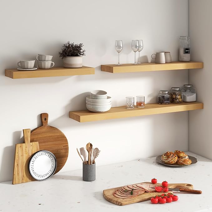 Floating Shelves for Wall, USA-Sourced Brich Wood 24 Inch Wall Shelves Set of 2, Natural Wooden Mounted Picture Ledge Shelf, Nursery Book Storage Shelf Kids Bookshelf Display, Shelf for Bathroom