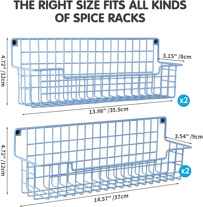 Spice Rack Wall Mount, Wall Spice Organizer for Kitchen Cabinet Door, Pack of 4 Hanging Spice Rack for Wall Saving Kitchen Space, Light Blue